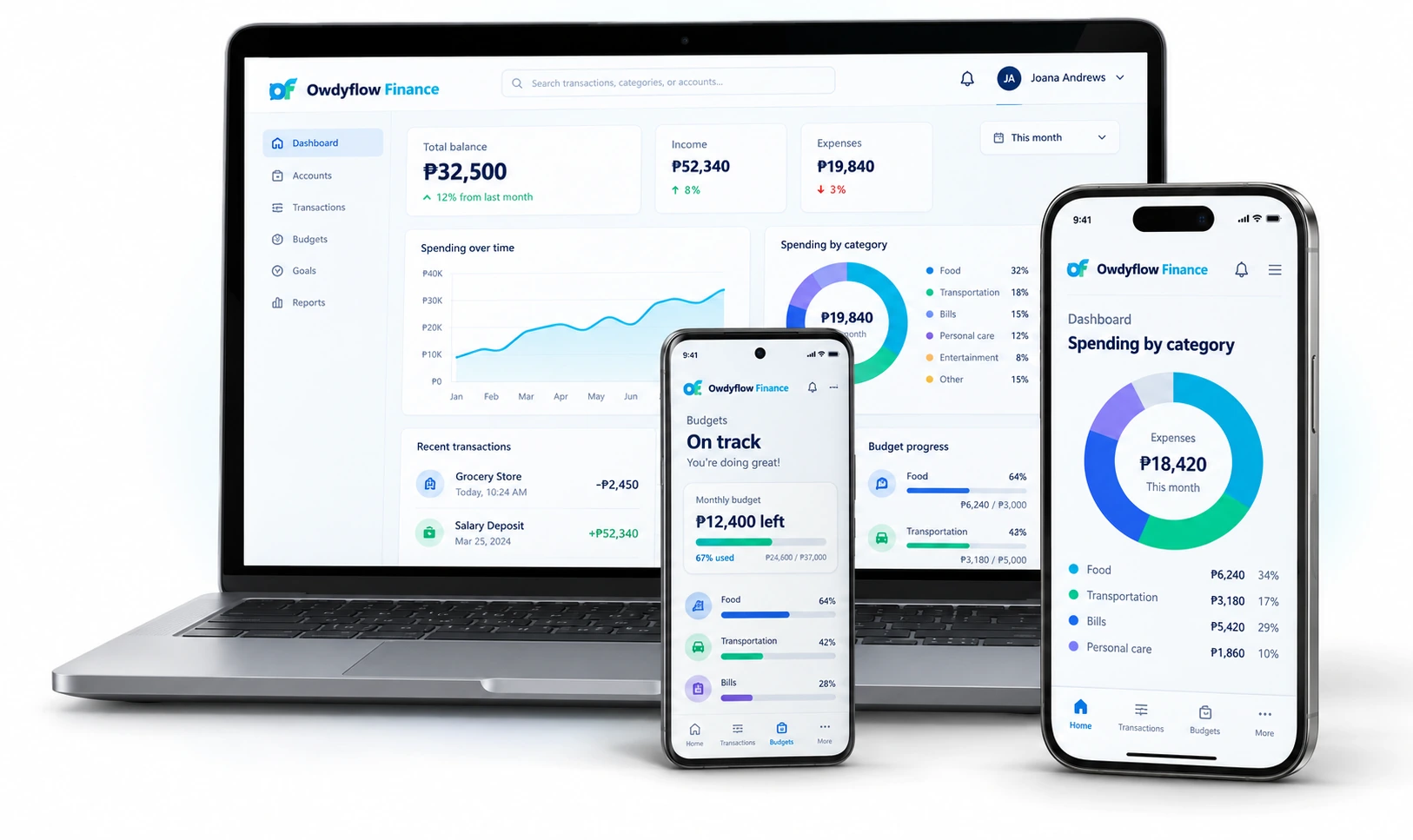 Owdyflow Finance displayed across a laptop and mobile phones, showing dashboard, budget, and spending views.